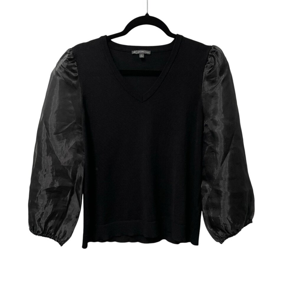 ADRIANNA PAPELL BLOUSE SEMI SHEER 3/4 SLEEVES BLACK V-NECK WOMENS S DRESSY - Picture 1 of 10